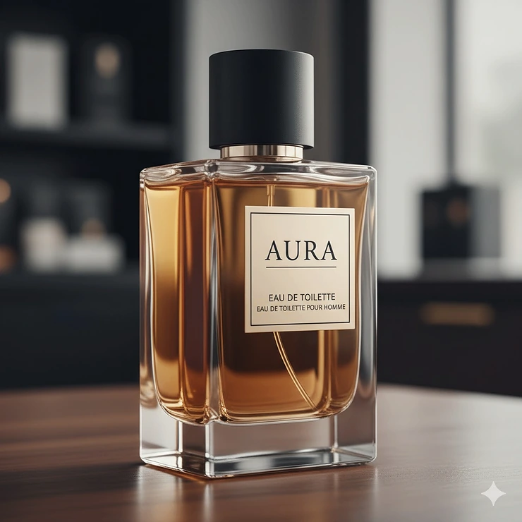 Stylized illustration of a premium cologne bottle with bilingual English and French "Eau de Toilette" labeling.