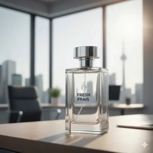 Graphic showing a sleek cologne bottle with "Fresh" and "Frais" text, catering to the bilingual English and French Canadian market.