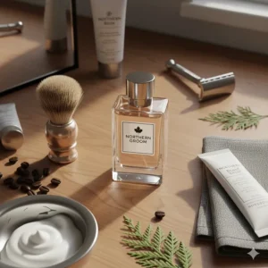 A flat-lay illustration of a Canadian maple wood vanity featuring shaving tools and a bottle of fresh fragrance for men.