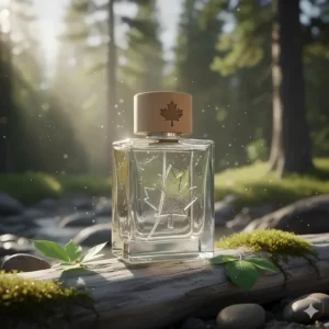 Close-up graphic of morning dew on green ferns and moss, highlighting the "green" scent profile.