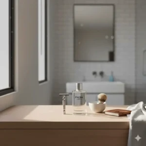 Minimalist illustration of a grooming station featuring a fresh office cologne for men as a staple of a daily Canadian professional routine.