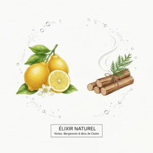 Minimalist graphic showing bergamot and cedarwood, key notes in organic summer fresh fragrances sold in Canada.