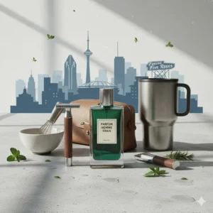 Minimalist waves and sea salt crystals representing the aquatic freshness of green cologne for men.