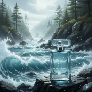 A cool blue illustration of ocean waves and mist highlighting fresh aquatic cologne gifts for men in BC.