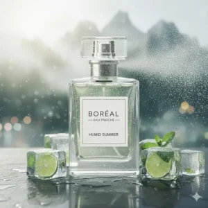 Illustration of a cooling citrus fragrance spray with ice-cube motifs, designed for high-humidity Canadian summer days in Toronto and Montreal.