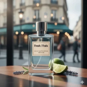 Elegant glass bottle with "Fresh / Frais" label, highlighting affordable fresh cologne under $50 in Canada.