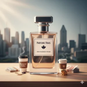 A stylish graphic featuring the text "Parfums Frais" and "Fresh Fragrances for Men" to appeal to the bilingual Canadian market.