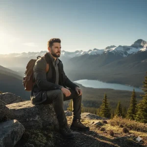 A stylized illustration of a well-dressed man hiking in the Rockies, embodying the rugged-yet-refined spirit of fougère scents.