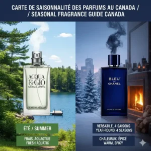 A seasonal map showing Acqua di Gio as a summer staple and Bleu de Chanel as a versatile year-round scent for the Canadian climate.