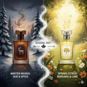 Infographic showing a transition from heavy winter musks to fresh citrus cologne gifts for the Canadian spring.