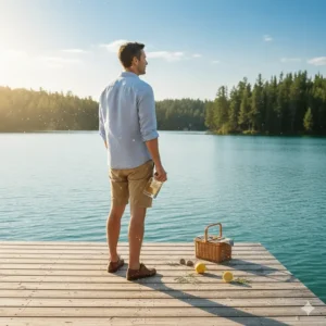 Stylized graphic of a man enjoying a sunny afternoon at a Canadian lake, highlighting the best citrus cologne for men in summer.