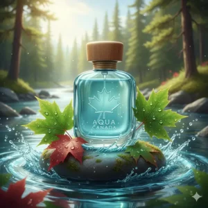 Eco-friendly aquatic cologne bottle surrounded by maple leaves and cool blue water droplets.