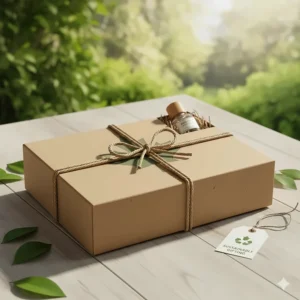 Illustration of a recyclable gift box featuring a subtle maple leaf logo for eco-conscious Canadian gift-giving.