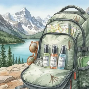 Illustration of travel-sized summer fresh fragrances tucked into a backpack for a weekend trip to the Rockies.