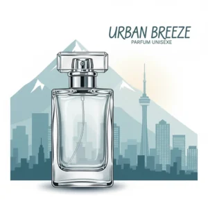 Modern vector art of a unisex fresh fragrance bottle against a minimalist Vancouver or Toronto skyline backdrop.