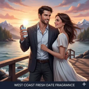 A Pacific Northwest-inspired illustration of a man using fresh cologne for a seaside date in Vancouver.