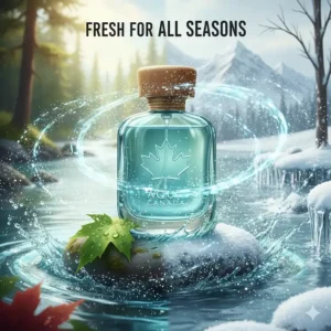 Illustration of a crisp, aquatic cologne for men suitable for both hot summers and brisk Canadian winters.