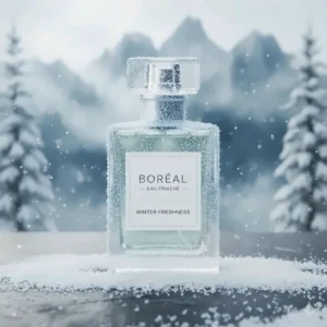 Artistic rendering of a fragrance bottle encased in a light frost, symbolizing a fresh cologne that stays vibrant in sub-zero Canadian temperatures.