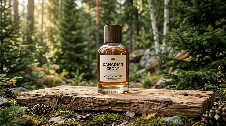 A bottle of affordable woody cologne resting on a natural cedar wood block, representing the best budget-friendly fragrance for men in Canada.