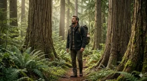 A minimalist visual showing a "Made in Canada" maple leaf seal next to a premium bottle of artisan cedar cologne (parfum de cèdre).