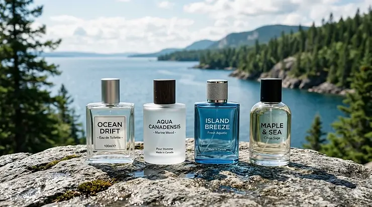 A collection of fresh aquatic men’s colognes and top Acqua di Gio alternatives displayed on a granite surface, perfect for the Canadian climate.