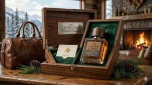 A luxury cologne bottle in a premium gift box with a maple leaf accent, perfect for a sophisticated Canadian gift.