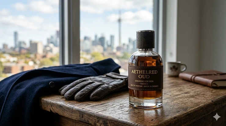 A luxury bottle of oud cologne for men placed on a rustic wooden table, representing the perfect masculine scent for Canadian winters.
