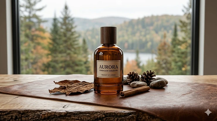 A premium bottle of tobacco cologne for men on a rustic wooden table with a backdrop of a Canadian pine forest; parfum au tabac pour hommes.