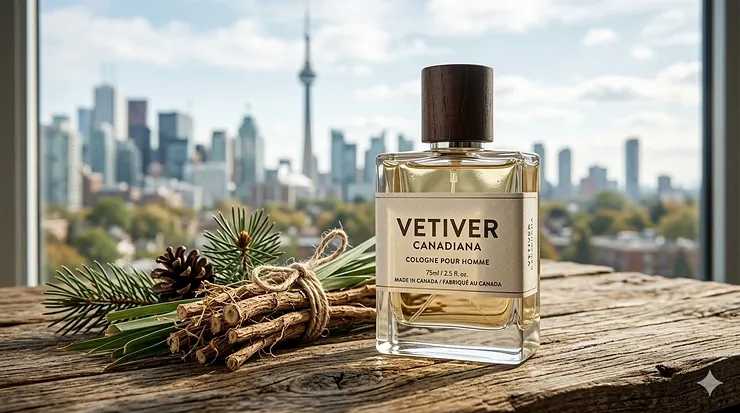A bottle of Vetiver Canadiana cologne for men on a rustic wooden table with a Toronto skyline background. Parfum de vétiver pour homme, fabriqué au Canada.