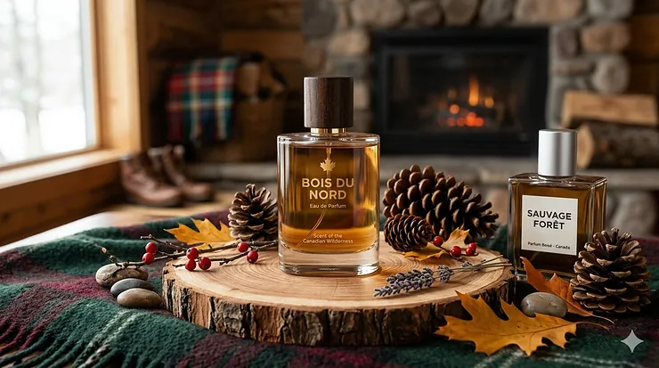 A premium bottle of woody cologne for fall winter on a rustic cedar wood slice, surrounded by pine cones and a cozy wool blanket.