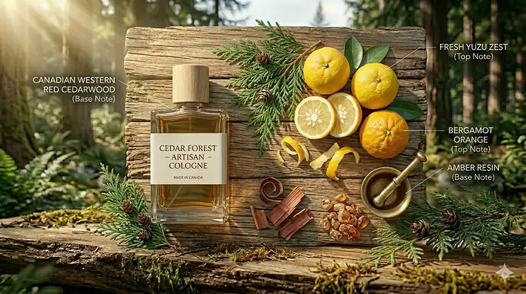 A premium bottle of Borealis cedar cologne set against a rugged Canadian boreal forest backdrop, capturing the essence of the Great White North. cedar cologne Canada