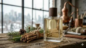 An artistic arrangement of cedarwood blocks and vetiver grass, highlighting classic Canadian woodsy scent profiles.