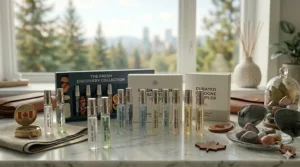 A person comparing three different fresh cologne sample sets to find the best scent for the Canadian spring season.