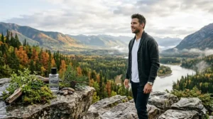 Man using Dior fresh fragrances for men against a misty Canadian mountain backdrop. Parfum frais pour hommes Dior dans les montagnes du Canada.