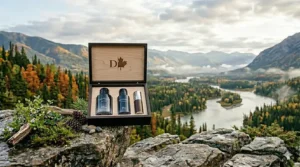 Dior fresh fragrances for men sitting on a glass table in a modern Canadian penthouse. Parfum de luxe Dior dans un appartement moderne au Canada.