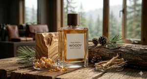 Close-up of a premium cologne bottle with a wood cap labeled Woody Cologne / Eau de Parfum Boisé on a rustic timber surface.