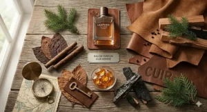 Minimalist product shot of leather cologne for men labeled 'Cuir pour Homme' to appeal to bilingual Canadian shoppers.