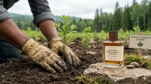 A photorealistic 4K image showing soil-stained gloved hands planting a young sandalwood sapling in a managed forest, with the eco-friendly Northern Sandalwood Cologne bottle resting on a mossy rock nearby.