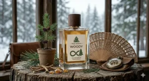 An eco-friendly bottle of woody cologne for men featuring a pine tree logo, sitting next to a small potted sapling on a natural wood surface.