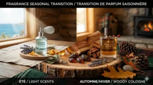 A visual guide showing the transition from light summer scents to a heavy woody cologne for fall winter in Canada.