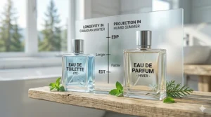 An infographic explaining fragrance longevity for the Canadian climate, comparing Eau de Parfum and Eau de Toilette.