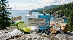 Infographic of sea salt, lime, and cedar wood notes commonly found in Acqua di Gio alternatives with bilingual English and French labels.