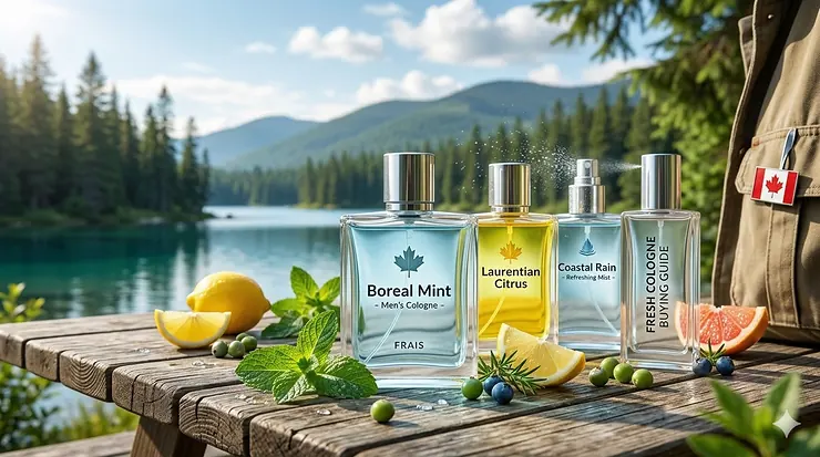 A premium bottle of fresh citrus cologne on a rustic wooden table with a backdrop of a Canadian pine forest. fresh cologne buying guide