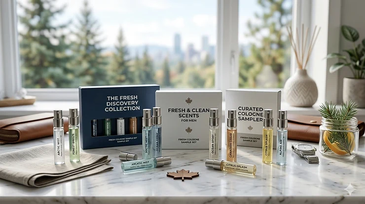 A curated collection of fresh cologne sample sets displayed on a white marble tray, perfect for Canadian men looking to discover new scents.