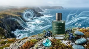 Minimalist graphic of a niche fresh cologne capturing the salty mist and cool breeze of the Nova Scotia coastline.