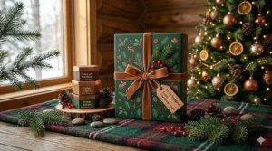 A festive illustration of a woody cologne bottle wrapped as a holiday gift under a Douglas Fir tree.