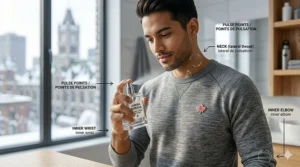 A diagram showing pulse points for applying fresh cologne to ensure it lasts through a cold Canadian winter.