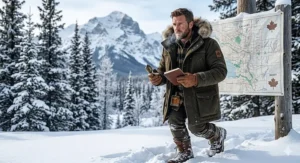 Detailed flatlay showing leather cologne for men surrounded by birch bark, charred wood, and Canadian cedar.
