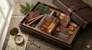 A luxury leather cologne for men gift set featuring a maple leaf embossed leather tag and compass on a vintage map.