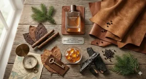 Photorealistic close-up of leather cologne for men ingredients including raw leather, tobacco leaves, and amber resin.